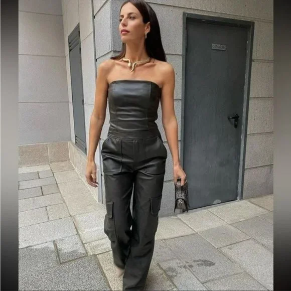 Zara Pants Jumpsuits Zara Faux Leather Long Jumpsuit Poshmark